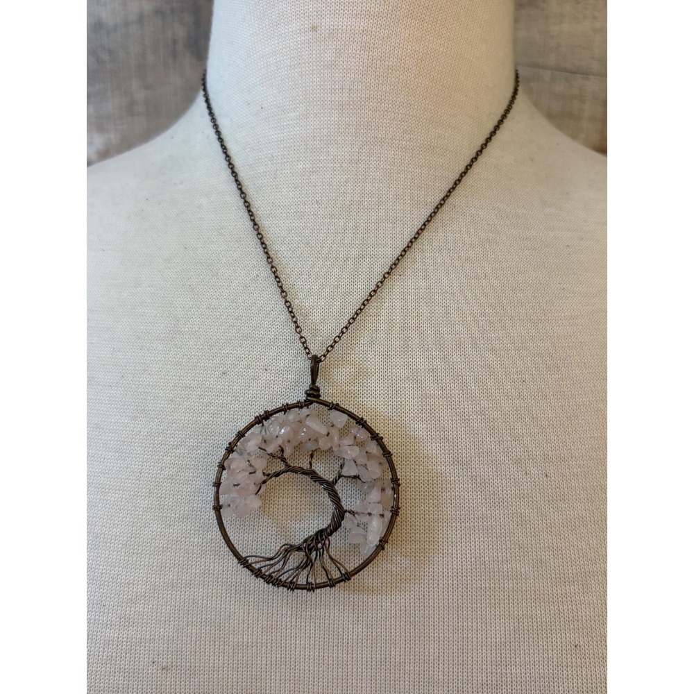 Rose Quartz Tree of Life Wire Wrapped Pendant Necklace Copper Tone